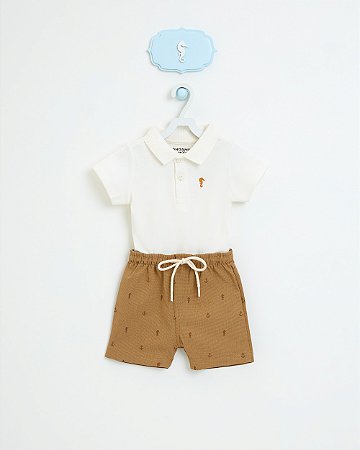 Conjunto Onda Marinha Body Polo Manga Curta com Bermuda Estampada P ao G