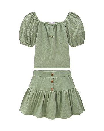 Conjunto Nina Go Cropped Manga Bufante e Saia com Shorts 12 ao 18