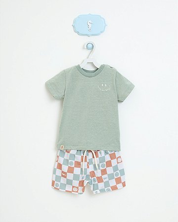 Conjunto Onda Marinha camiseta bordada e bermuda quadriculada P ao 3