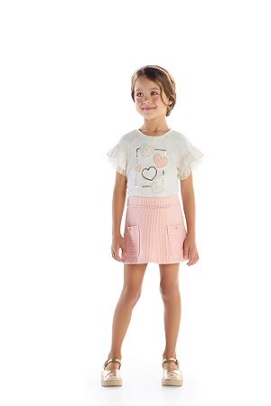Conjunto Kiki blusa bordada e shorts saia listrado 6 ao 12