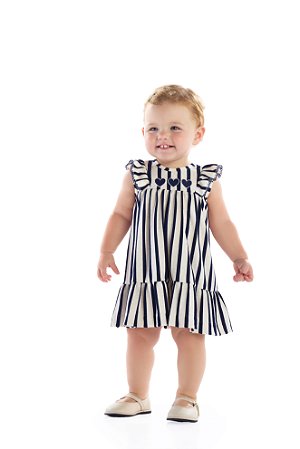 Vestido Kiki Listrado com Bordados de Coração P ao G