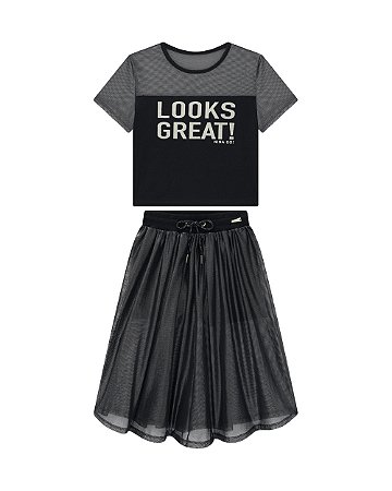 Conjunto Nina Go Blusinha Manga Curta e Saia Midi Telinha 6 ao 14
