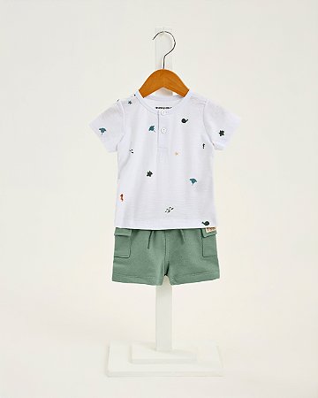 Conjunto Onda Marinha Camiseta Fundo do Mar com Bermuda Cargo P ao G