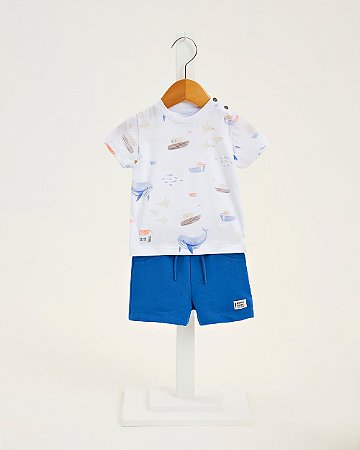 Conjunto Onda Marinha Camiseta Estampa Suave e Bermuda Moletom P ao G