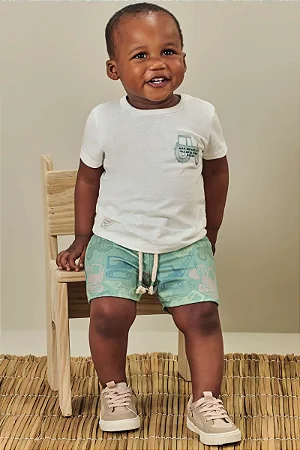 Conjunto Luc.boo Camiseta Trator e Bermuda Estampada – P ao 3