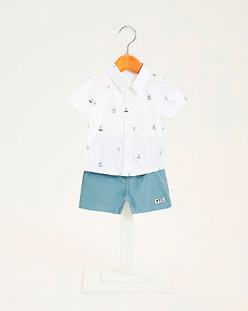 Conjunto Infantil Onda Marinha Camisa Barquinhos e Bermuda Sarja – 1 ao 3