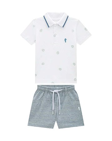 Conjunto Bebê Onda Marinha Polo Bordada e Bermuda Moletom – P ao G