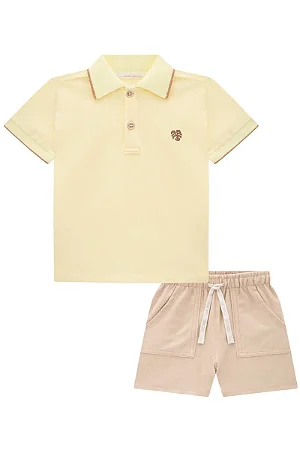 Conjunto Infantil Luc.boo Polo com Botões Amadeirados e Bermuda – 1 ao 3