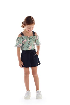 Conjunto Infantil Kiki Blusa Floral e Shorts com Cinto Crochê – 6 ao 12