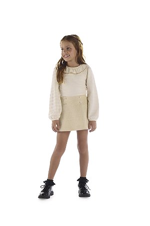 Conjunto Kiki Infantil Manga Longa Listras e Shorts Saia - 6 ao 12