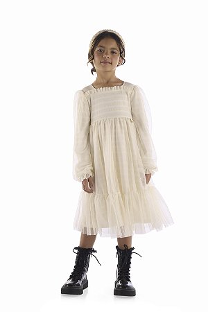 Vestido Kiki Infantil em Malha com Sobreposição em Tule - 6 ao 12