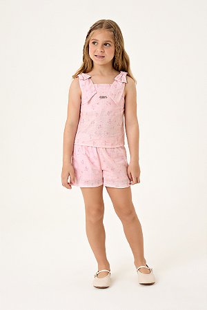 Conjunto Somnii Bata e Shorts Linho Floral Monocromático 4 ao 12