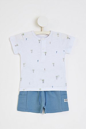 Conjunto Onda Marinha Camiseta Flamê Coqueiros e Bermuda P ao GG