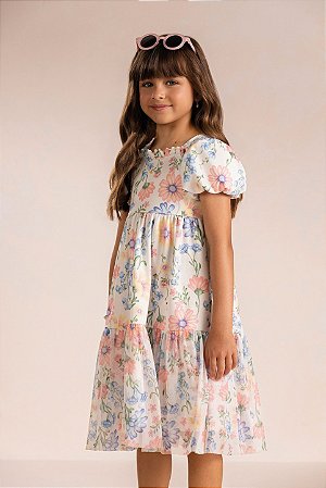 Vestido Kiki Manga Bufante Floral Tule 6 ao 12