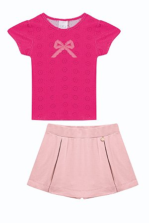 Conjunto Kiki Blusinha Lese Bordado Laço Shorts Saia 1 ao 4
