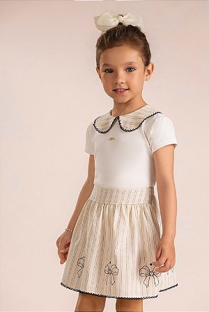 Conjunto Kiki Body Polo Linho Listrado Saia Laço 1 ao 4