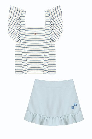 Conjunto Kiki Blusa Listrada Babados Shorts Saia Bordado 6 ao 12