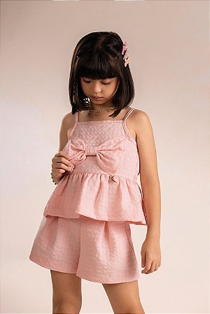 Conjunto Kiki Blusa Alça Babado Laço Shorts Preguinhas 6 ao 12