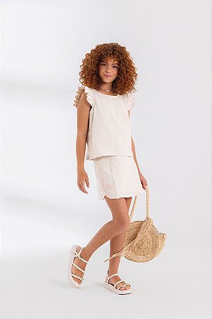 Conjunto Menina Anjo Blusa e Saia Linho Bordado 12-16