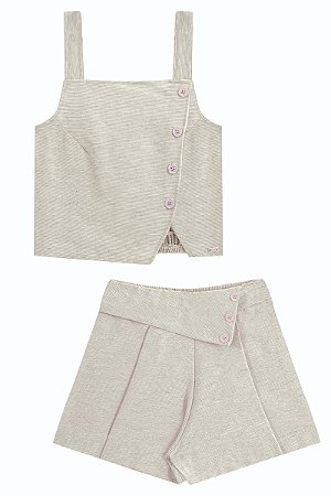 Conjunto Menina Anjo Blusa Botões Shorts Saia Texturizado 12 ao 16