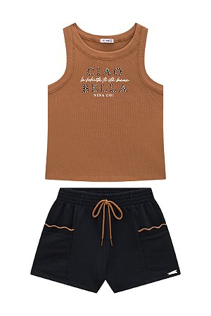 Conjunto Nina Go Regata Canelada Brilho Shorts Moletom 14 ao 18