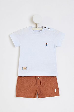 Conjunto Onda Marinha Camiseta Flamê Logo Bermuda Linho P ao 3