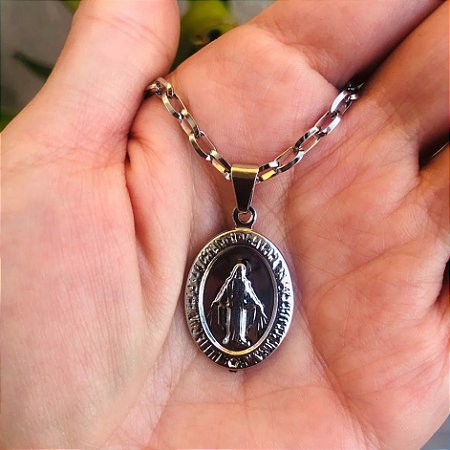 Corrente Grossa de Aço inox com Medalha Milagrosa de Nossa Senhora das Graças