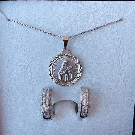 Conjunto Colar Santa Teresinha + Brinco argola média com detalhes em zircônias Banhado em Ródio Branco