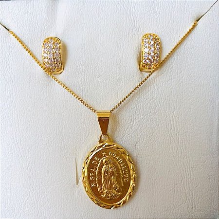 Conjunto Colar Nossa Senhora de Guadalupe + Brinco Argolinha Cravejada Banhados em Ouro 18k