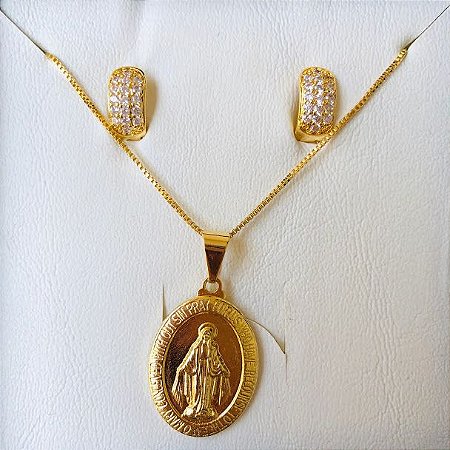 Conjunto Colar Nossa Senhora das Graças + Brinco Argolinha Cravejada Banhados em Ouro 18k