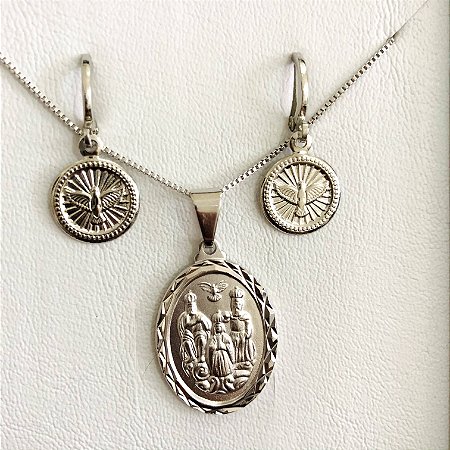 Conjunto Colar Divino Pai Eterno + Brinco Argolinha do Espírito Santo Banhado em Ródio Branco