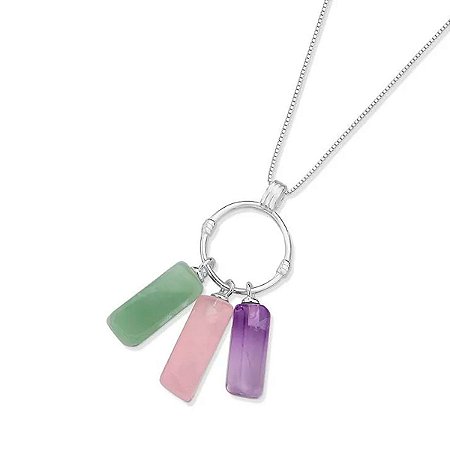 Colar Amor Prata 925 - Pedras Ametista, Quartzo Rosa e Quartzo Verde