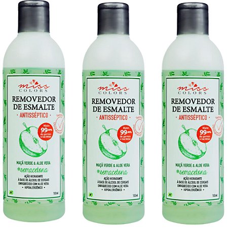 Kit com 3und Removedor de Esmalte 100ml Maçã Verde e Aloe Vera - Miss Colors