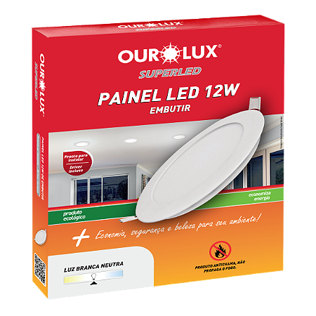 Painel Plafon Led Embutir Redondo 12W Branco 4000K Ourolux