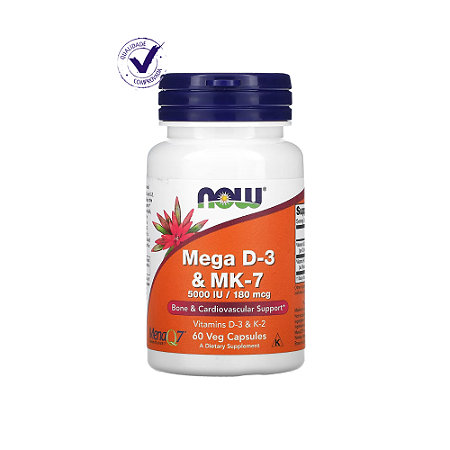 Mega D-3 e MK-7, 180 mcg (5.000 UI), 60 Cápsulas Vegetais - NOW Foods