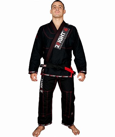 Kimono BJJ - linha SUPER cor Preto com contraste vermelho