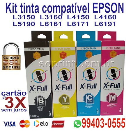 Kit refil tinta 504 compátivel para Epson cyano, magenta, yellow corante 70ml e Preta pigmentada de 127ml