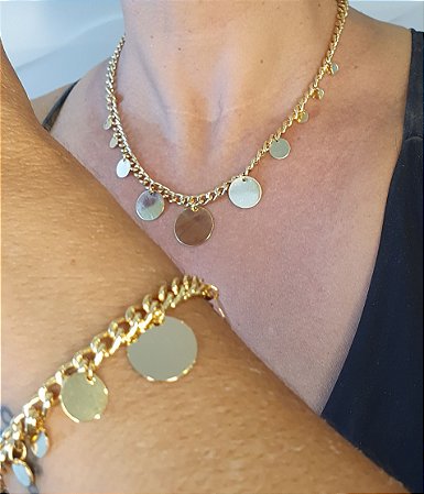 CONJUNTO COLAR E PULSEIRA PLAQUINHAS BANHADO A OURO 18K