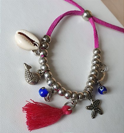 TORNOZELEIRA COM PINGENTES MAR NO COURO AZUL OU PINK - BIJUTERIA