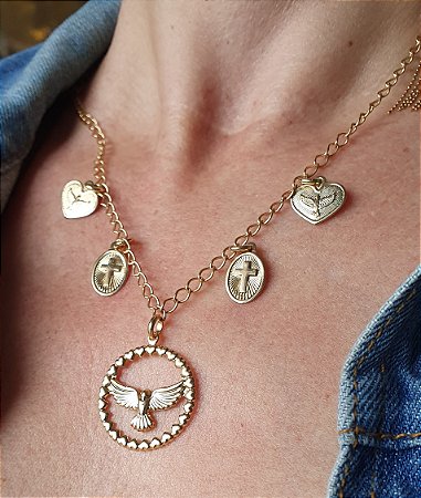 COLAR COM MEDALHAS E DIVINO BANHADO A OURO 18 K