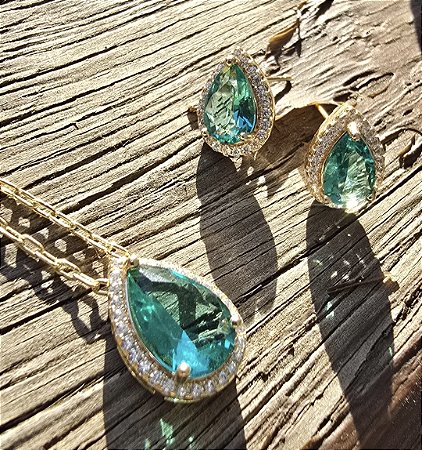 CONJUNTO COLAR E BRINCO GOTA TURMALINA COM ZIRCONIAS CRISTAIS BANHADO A OURO 18 K