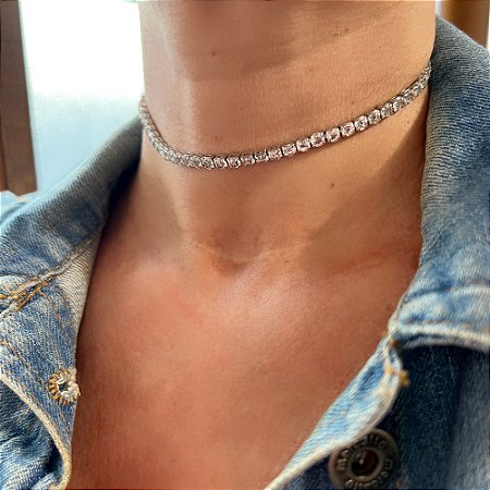 COLAR CHOKER RIVIERA AJUSTAVEL COM ZIRCONIAS CRISTAL NOS BANHOS DOURADO E PRATEADO