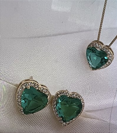 CONJUNTO COLAR E BRINCO CORAÇAO COM ZIRCONIAS VARIAS CORES BANHADO A OURO 18K