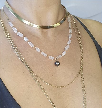 COLAR PEDRAS NATURAIS QUARTZO BRANCO E PEROLA SHELL GRAFITE BANHADO A OURO 18K