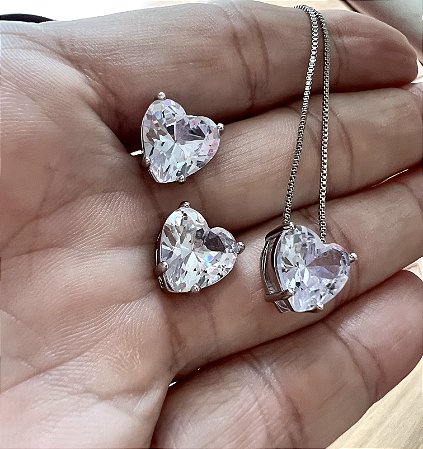 CONJUNTO COLAR E BRINCO CORAÇAO COM ZIRCONIA BANHADO A RODIO