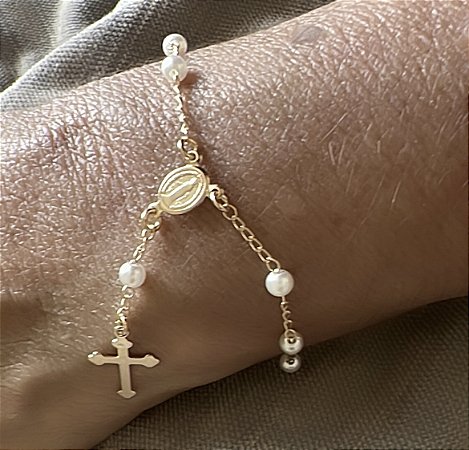 PULSEIRA TERÇO PEROLAS MINI BANHADO A OURO 18 K OU PRATA