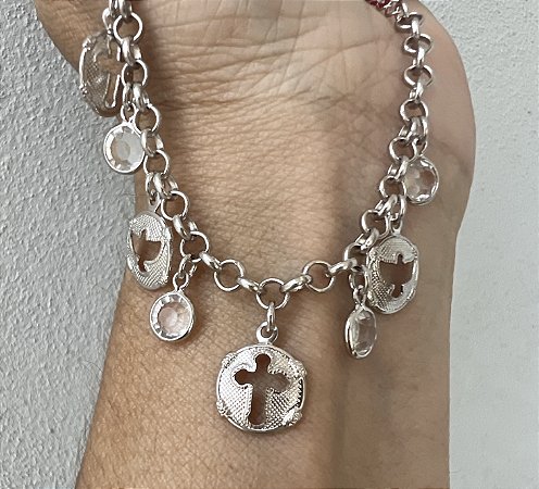 PULSEIRA MEDALHAS CRUZ E DIVINO BANHADA OURO 18 K OU PRATA