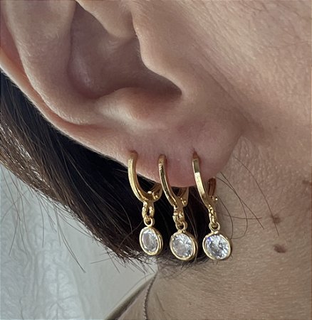 BRINCO ARGOLA TRIO COM PONTO DE LUZ BANHADO A OURO 18 K OU RODIO