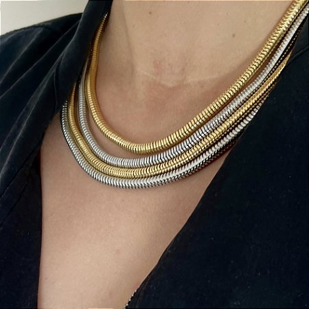 COLAR CHOKER RABO DE RATO 4 VOLTAS BANHADO A OURO E RODIO