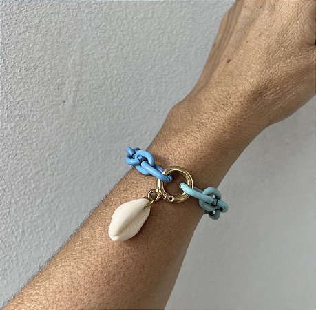 PULSEIRA CORRENTE ESMALTADA AZUL COM BUZIO BANHADA A OURO 18 K